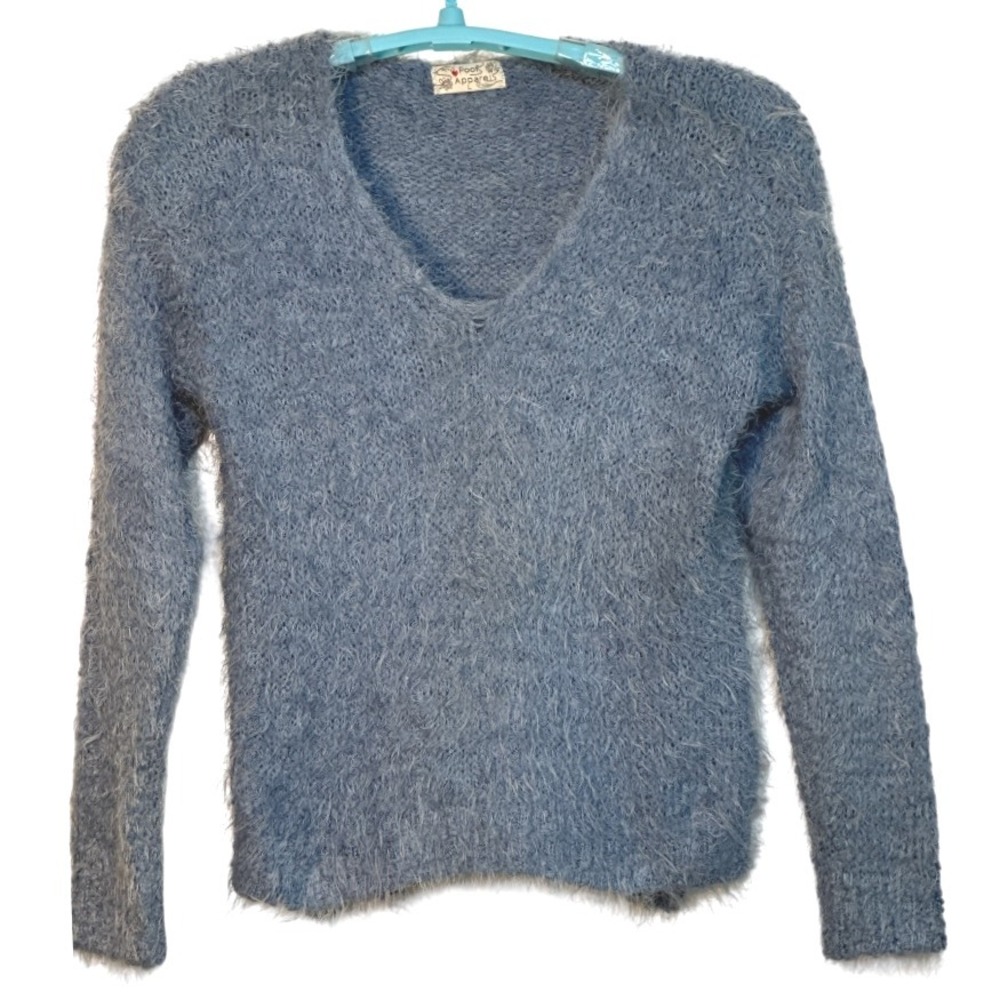 Poof Apparel Fuzzy Knit Sweater Long Sleeve V Neck Blue Top Soft Warm JR L
